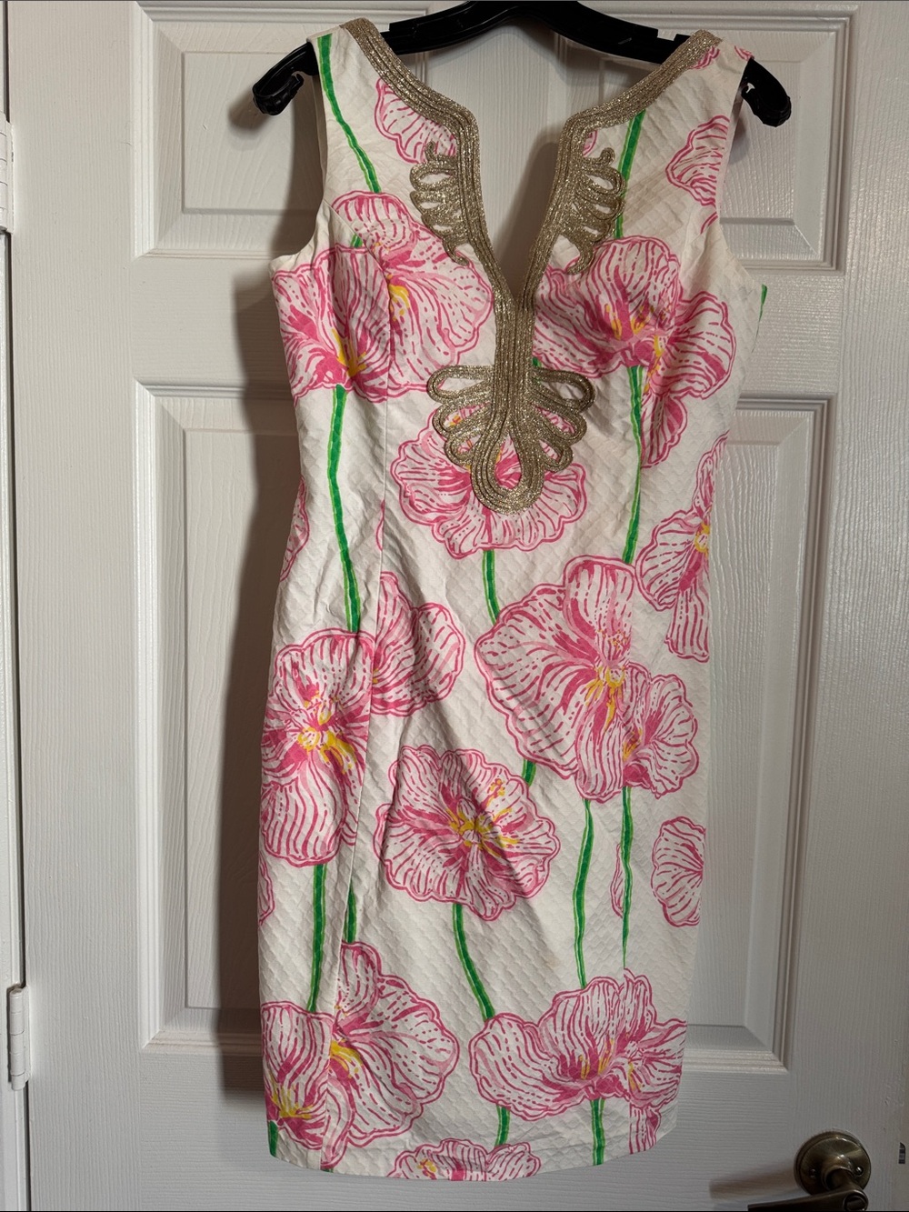 Lilly Pulitzer Janice Shift Dress Clover Cup Print Gold Lace Sleeveless
 sz 6